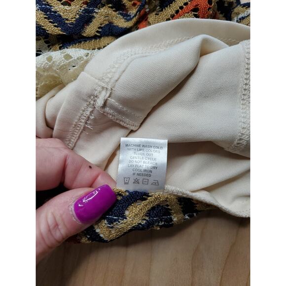 Tacera Womens Size Small Brown Ivory Orange Black Zig Zag Mini Dress Bell Sleeve - Picture 11 of 11